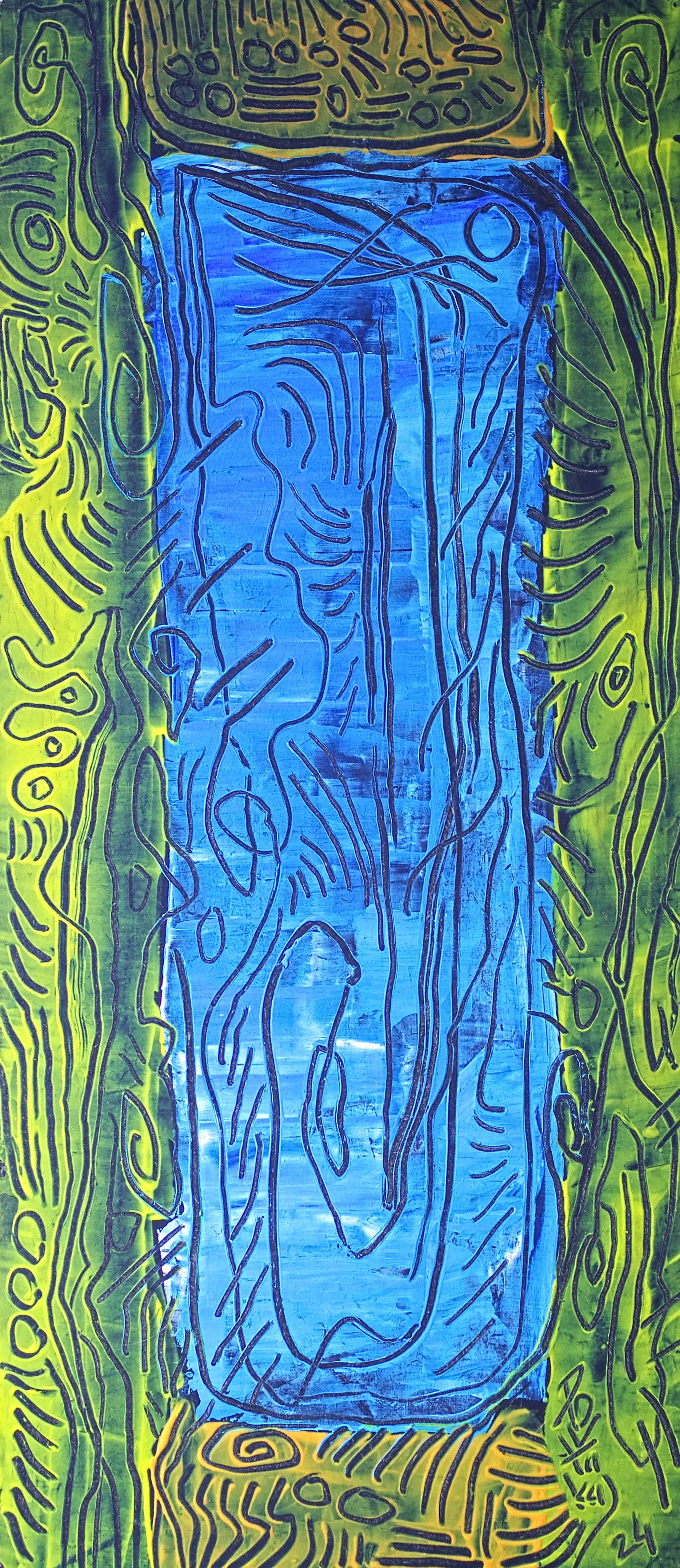 Cette longue peinture abstraite moderne se compose de cinq sections et de trois couleurs différentes. Il y a deux sections jaunes en haut et en bas. Il y a deux sections vertes à gauche et à droite et enfin une section bleue au centre. Ces sections sont ornées de lignes qui traversent toute la surface et relient les sections entre elles.