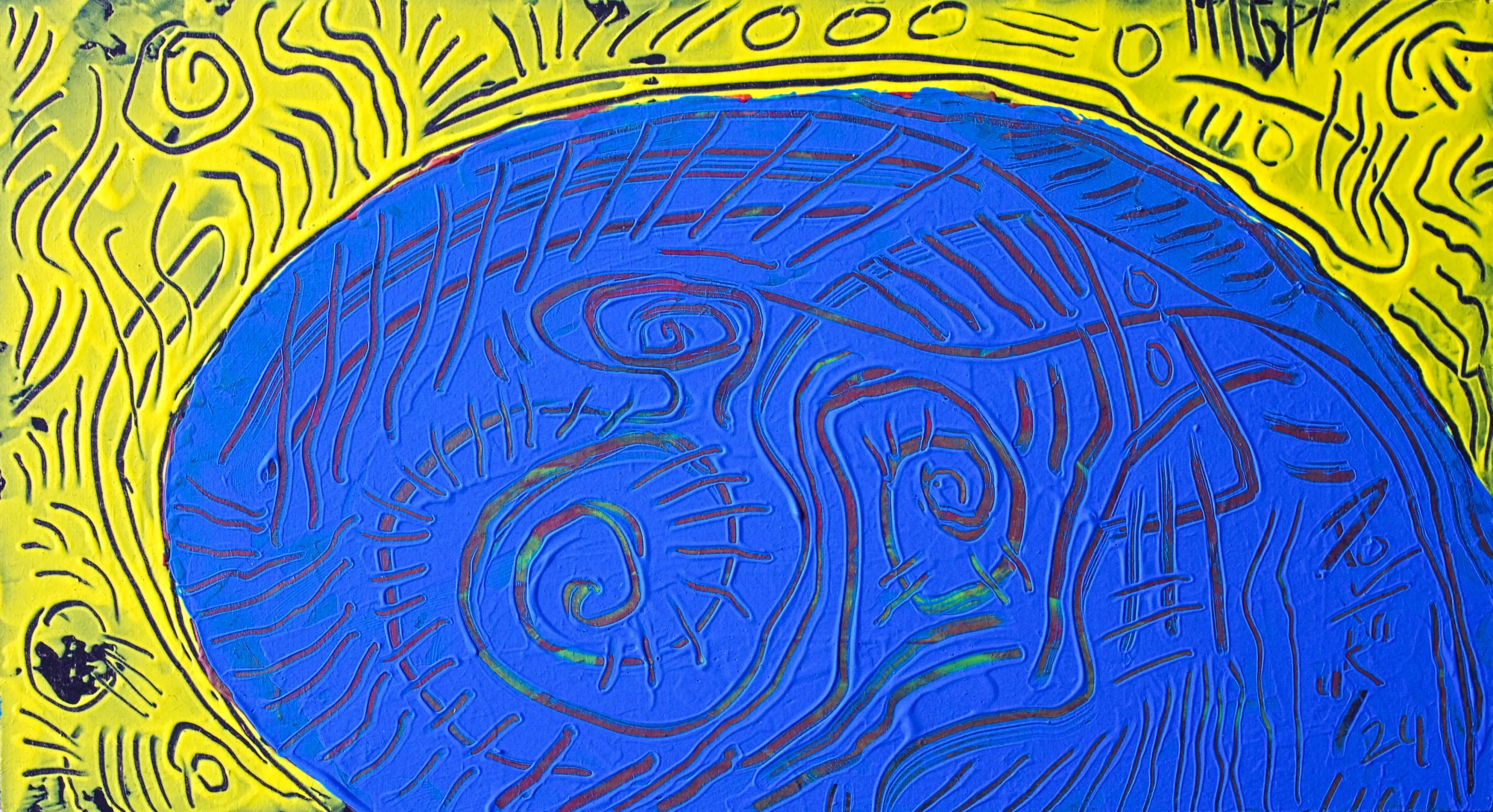 Il s'agit d'une peinture moderne, petite et originale. Ce tableau horizontal est composé de deux couleurs ou sections : jaune et bleu. La première section, à gauche, est jaune et en forme de croissant. La seconde, en bas, est bleue, légèrement allongée vers la droite et de forme ovale. Toutes les sections sont décorées individuellement.  