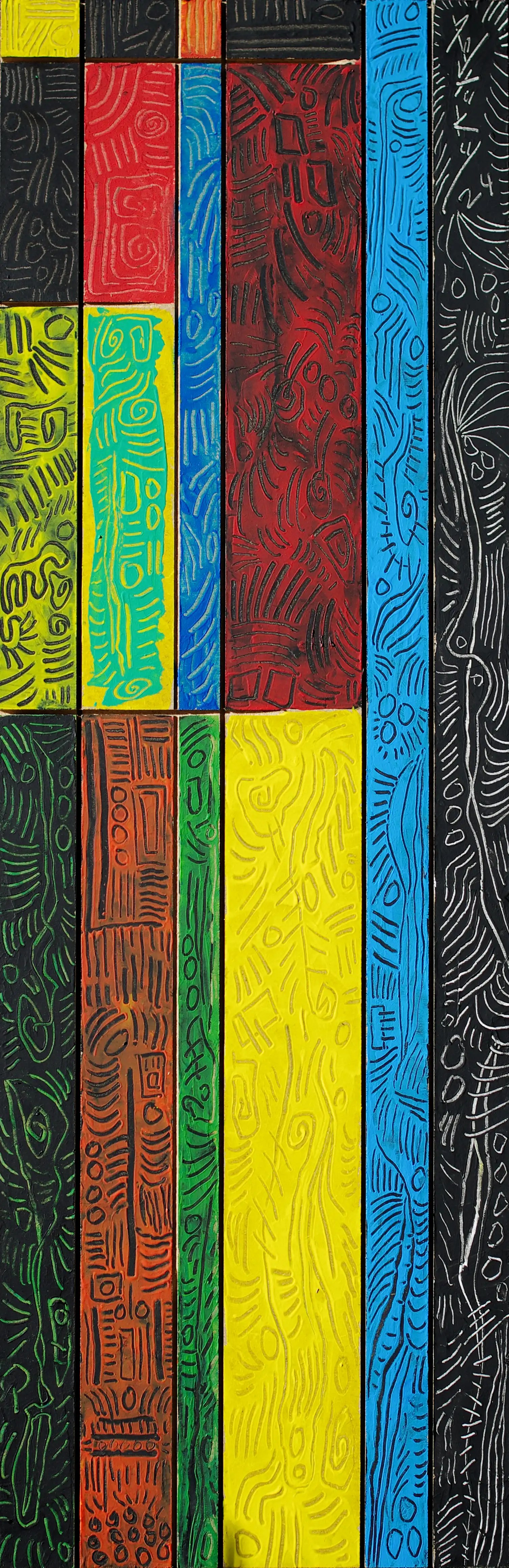 Il s'agit d'une peinture abstraite contemporaine exceptionnelle. Elle se compose de 16 sections de dimensions et de couleurs différentes. Conformément à la dimension de la surface, ces sections sont cubiques et verticales. Quant aux couleurs, ce sont le jaune, le noir, l'orange, le vert et le bleu. Chaque section est séparée des autres par des fentes de quelques millimètres de profondeur. Cette œuvre est une combinaison très intéressante de peinture et de sculpture. C’est une œuvre d’art originale, dynamique et de qualité.