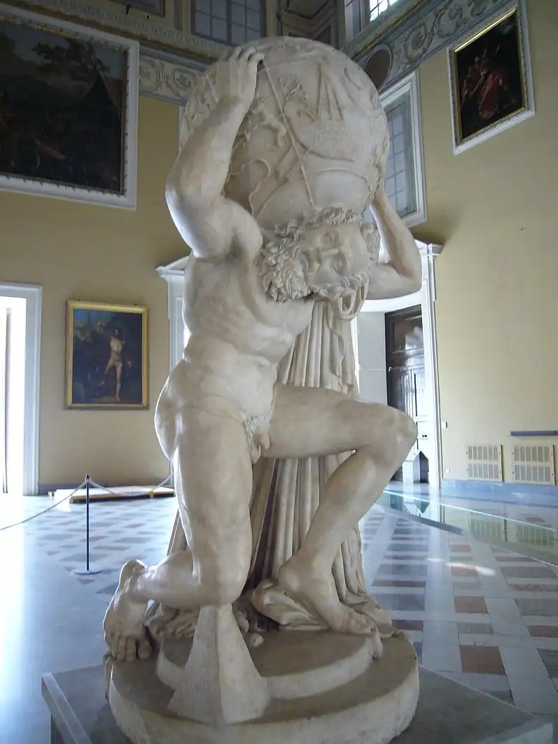 Statue romaine d'Atlas (IIe siècle après J.-C.). Déjà dans la collection Farnèse, aujourd'hui au Musée archéologique national de Naples.